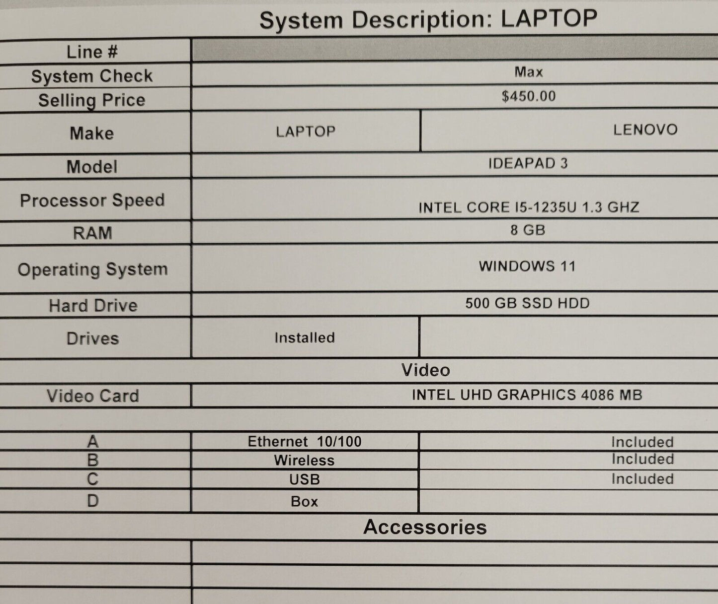 (61724-1) Lenovo Idea Pad 3 Laptop