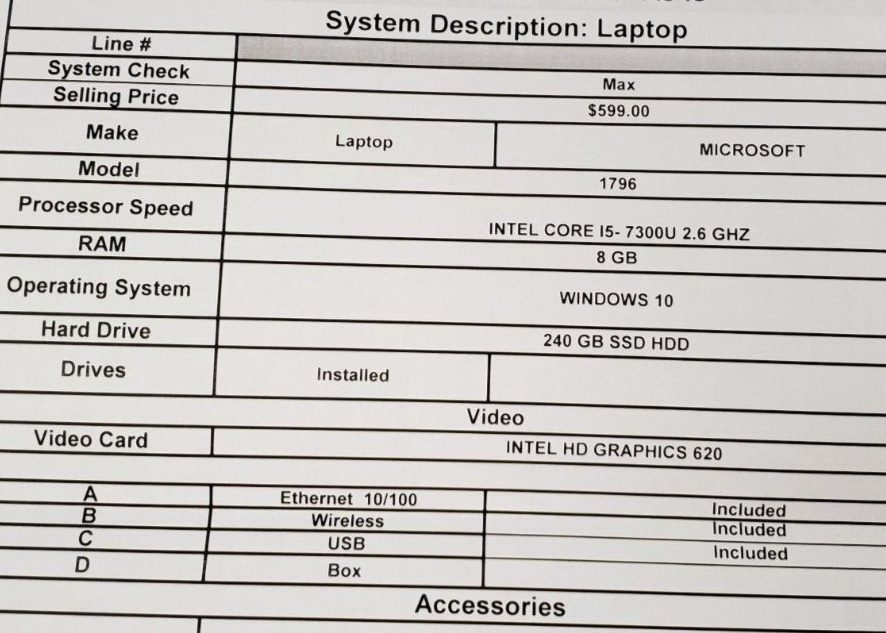 (54077-1) Ordinateur portable Microsoft Surface 1796