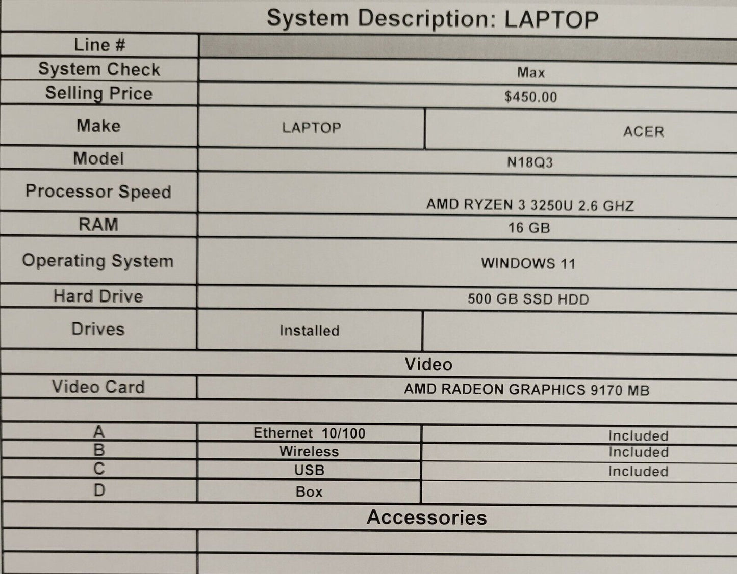 (63411-1) Acer N18Q3 Laptop