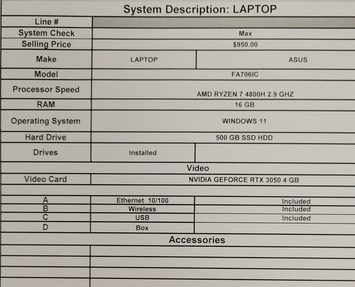 (63337-1) Asus FA706IC Laptop