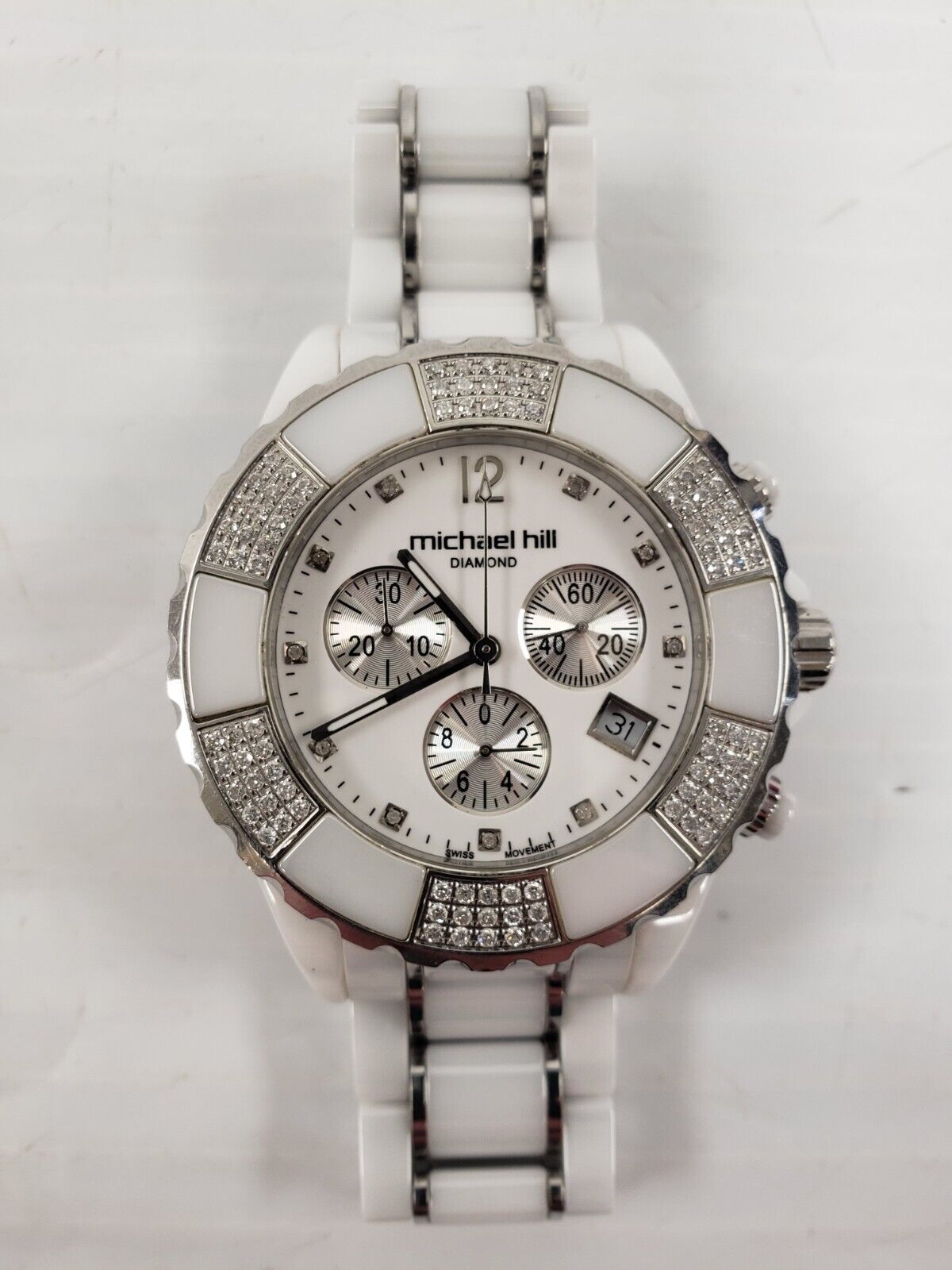 (I-35859) Michael Hill White Ceramic Watch 3/4 Carat Diamonds