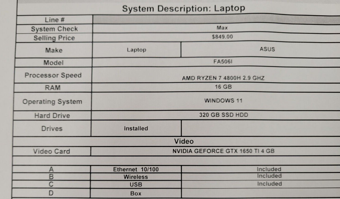 (56686-1) Asus FA5061 Laptop