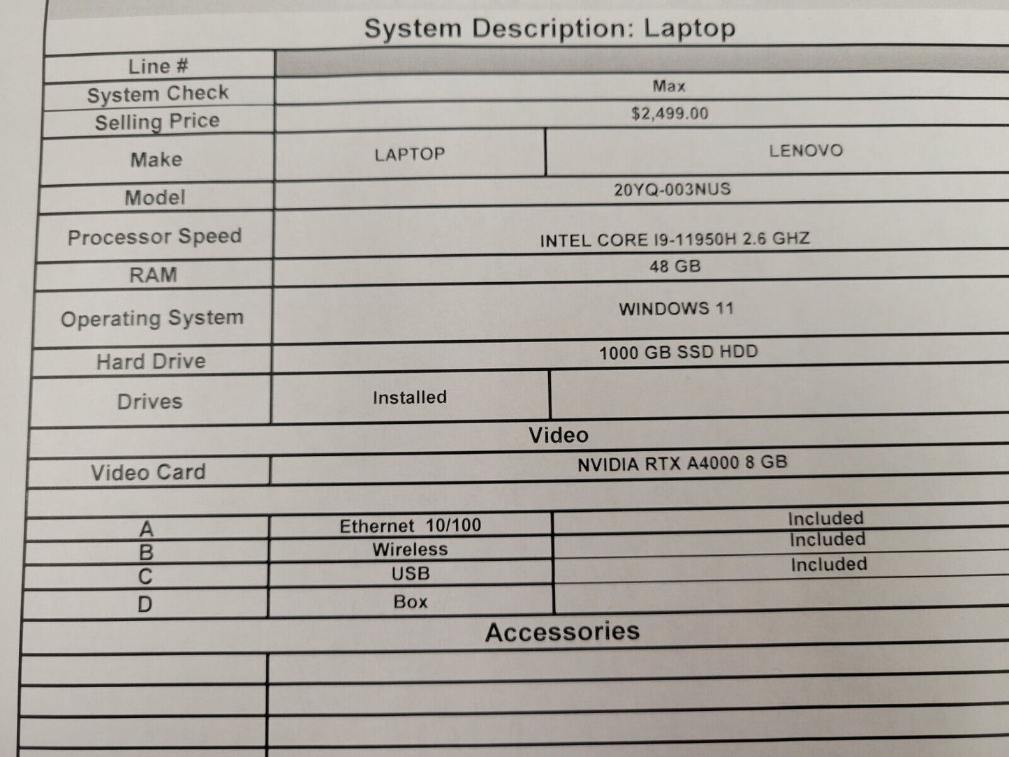 (58214-1) Lenovo 20YQ-003NOS Laptop