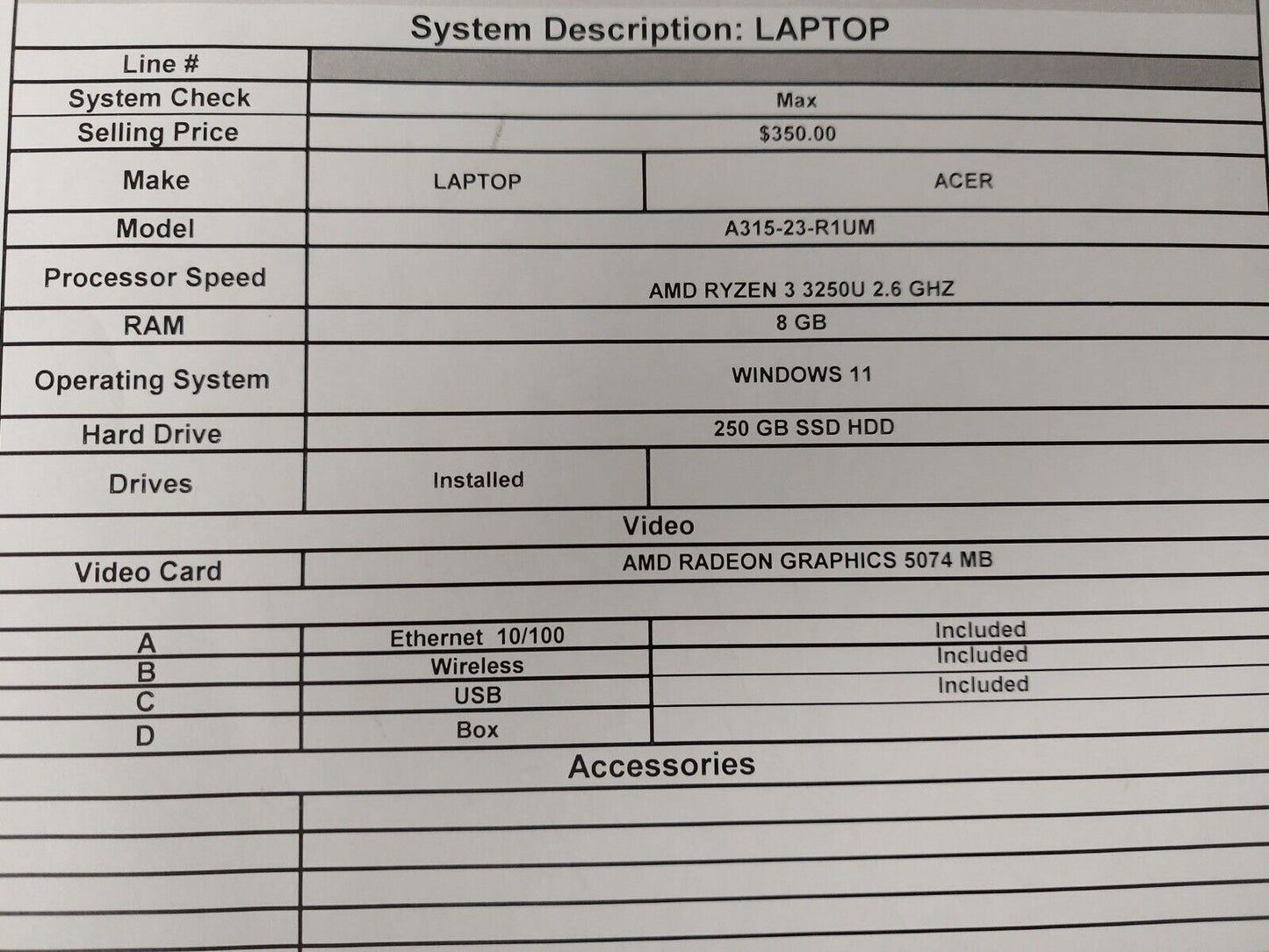 (N84090-1) Acer A315-23-R10M Laptop