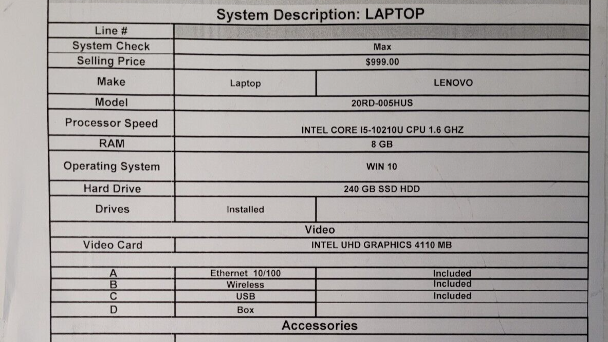 (N76280-1) Lenovo 20RD-005HUS Laptop